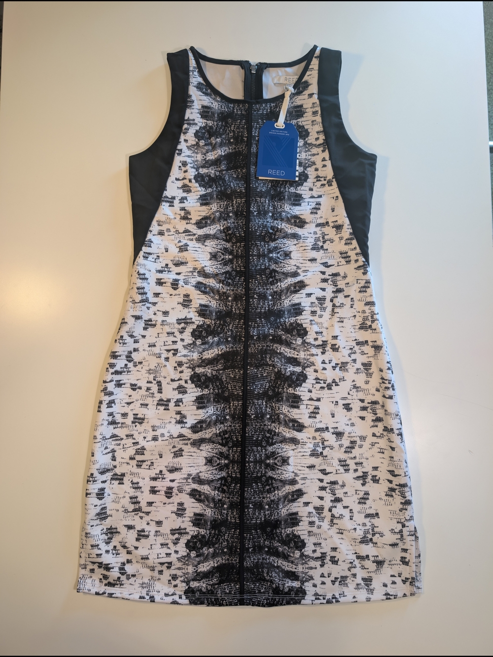 REED Women's XS Geometric Abstract Sheath Dress NWT Black White Colorblock Shift